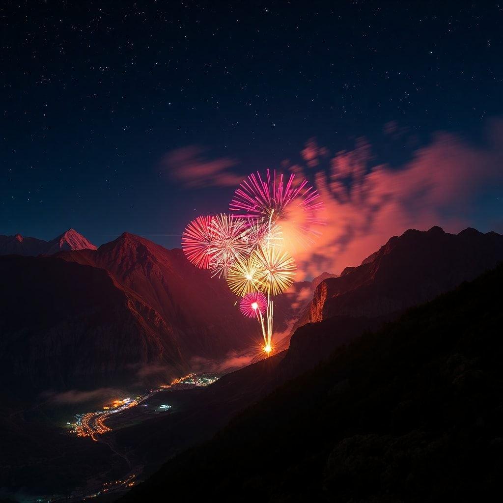 Celebrate Independence Day with this stunning wallpaper featuring fireworks exploding over the mountains. The vibrant colors and dynamic display create a festive atmosphere, perfect for commemorating the holiday.