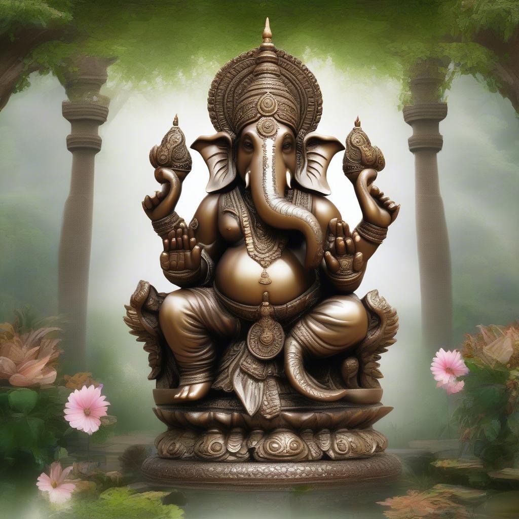 A beautiful statue of Ganesha, the remover of obstacles, in a serene and peaceful environment.