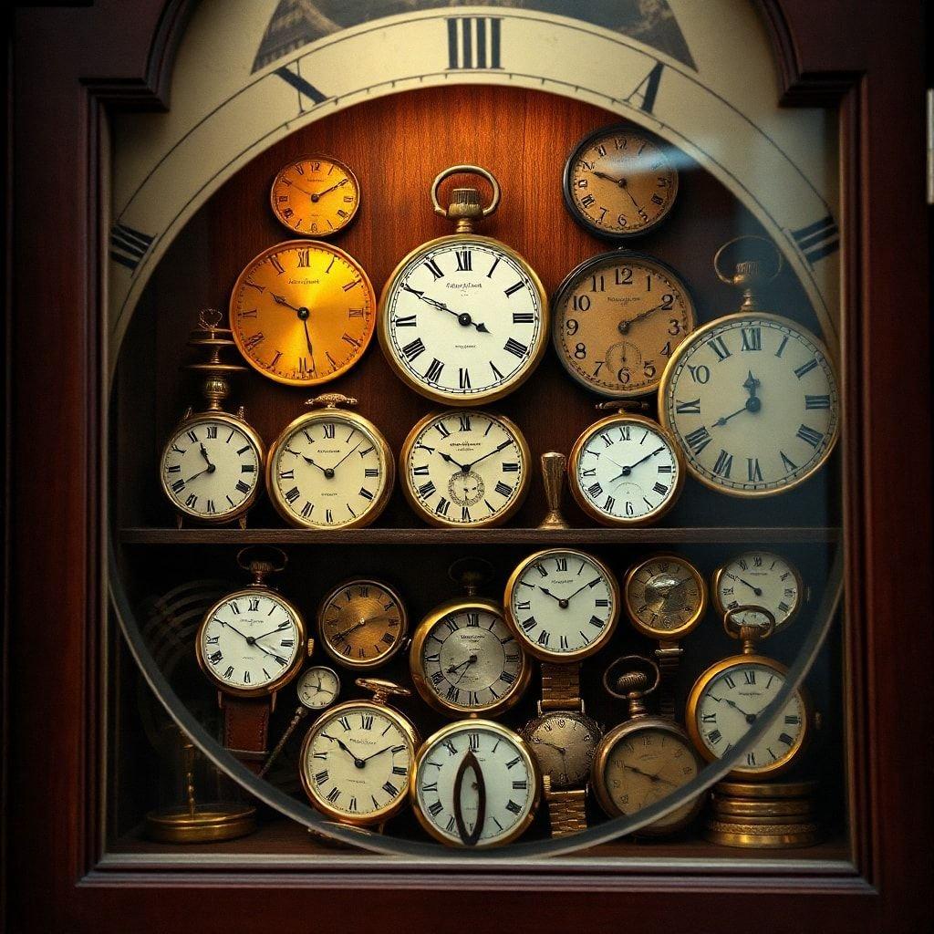 A collection of antique clocks, each with its own unique charm, showcased in a vintage display case.