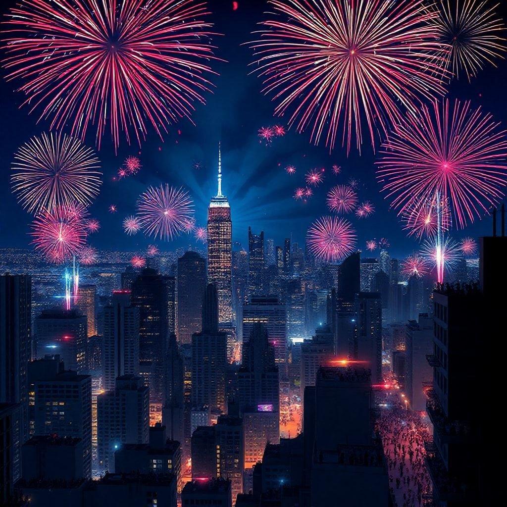 Celebrate Independence Day in style with this breathtaking cityscape wallpaper, featuring a dazzling fireworks display that lights up the night sky.