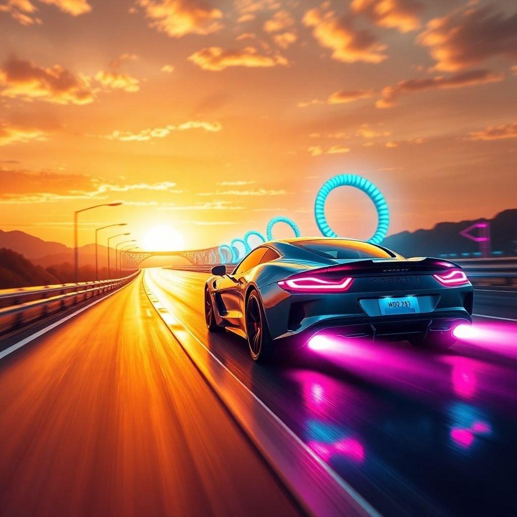 This high-speed sports car is captured in motion, speeding down a highway at sunset. The car's sleek design and vibrant neon lights create a striking visual effect, while the blurred background and motion lines convey a sense of dynamism and energy.