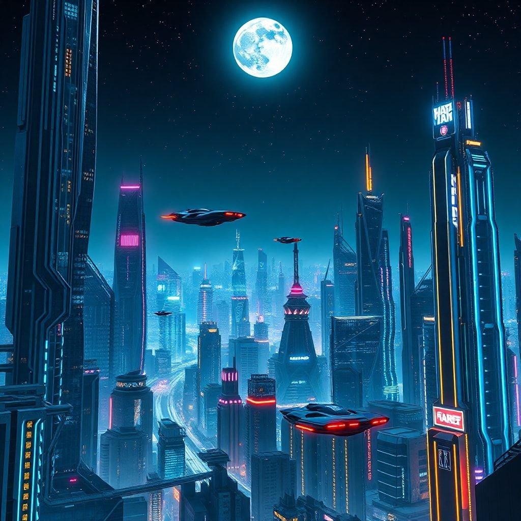 Bustling city skyline under the glow of neon lights, illuminating a futuristic landscape during nightfall.