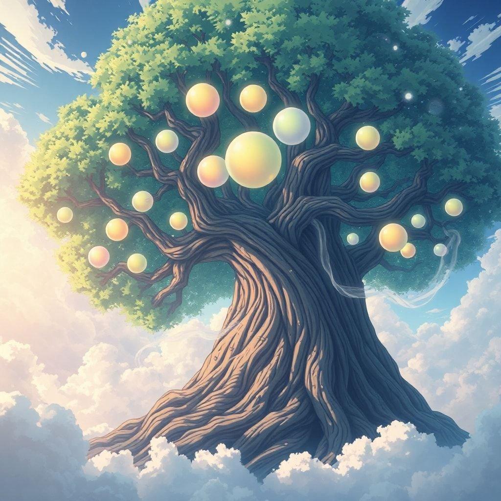 A majestic anime-style illustration of a giant tree with glowing orbs for branches, set against a backdrop of fluffy white clouds.