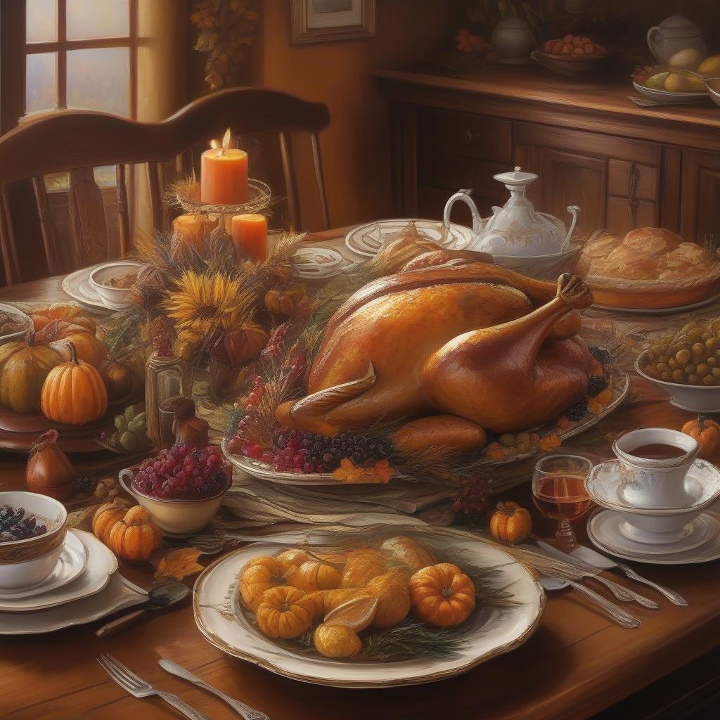 Gather 'round the table for a traditional Thanksgiving feast, complete with a delicious roasted turkey as the centerpiece.