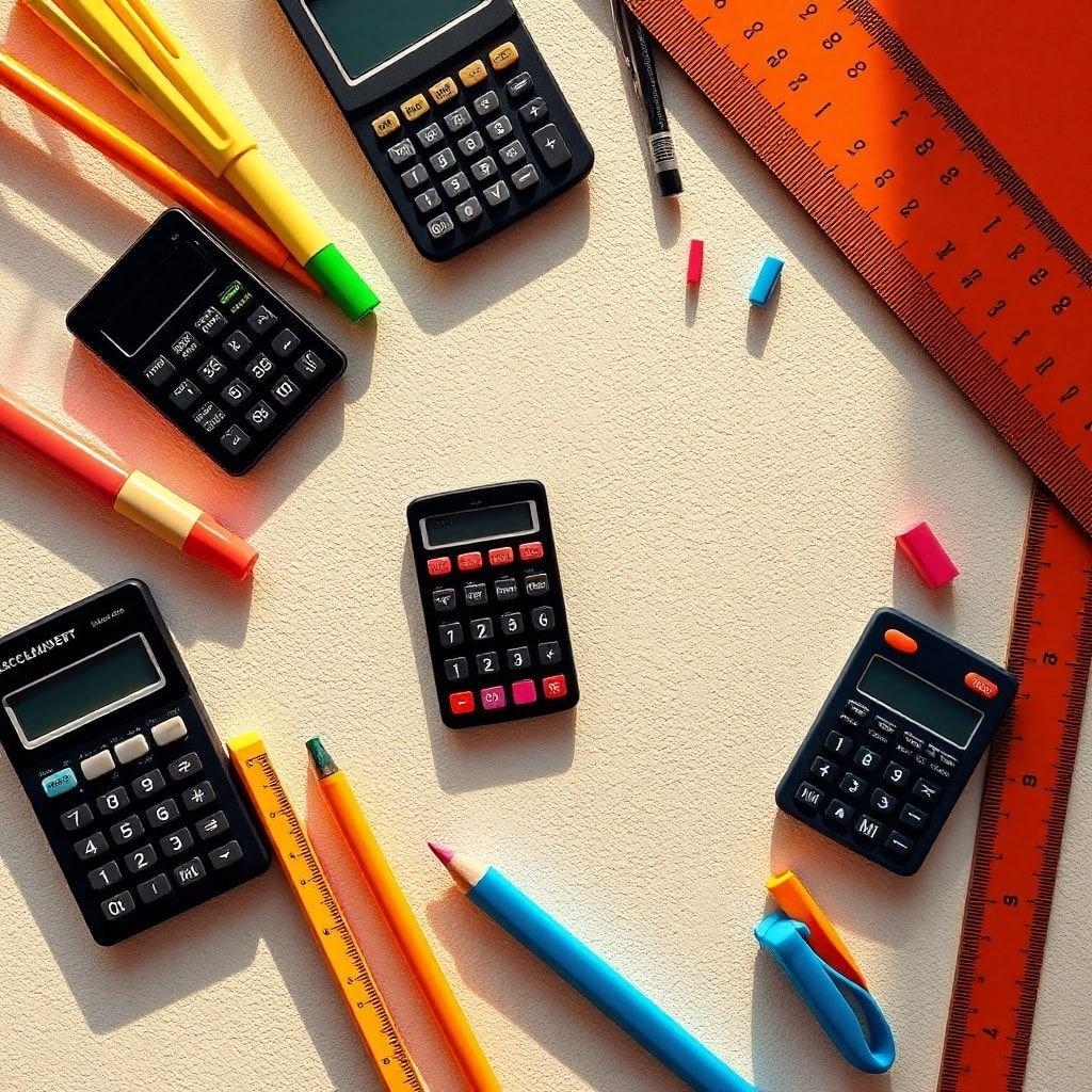 A selection of tools essential for students, including calculators and writing utensils.