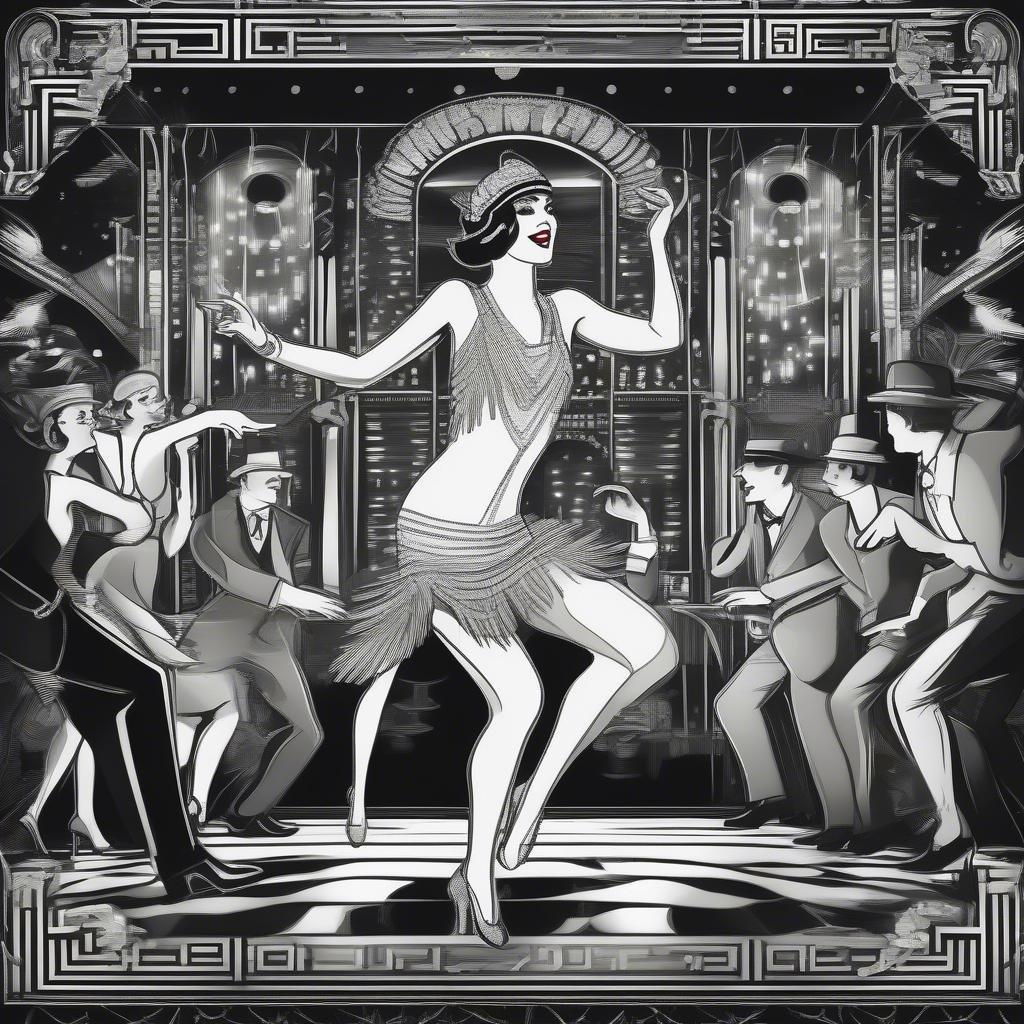 A lively scene from the Roaring Twenties, where a sultry dancer takes center stage, surrounded by a crowd of jazzy jazzers.