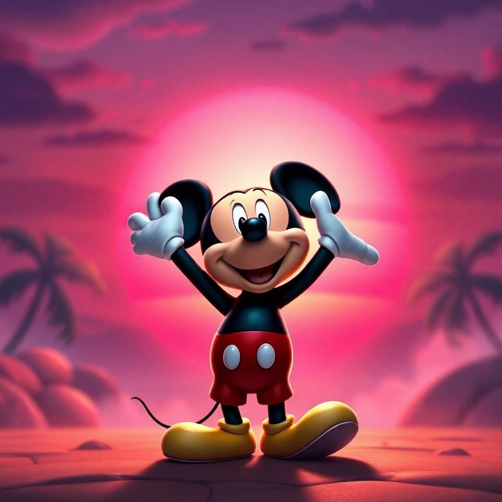 Tämä taustakuva esittelee Mikki Hiiren nauttimassa päivästä rannalla, täydentäen eloisalla auringonlaskulla ja palmuilla. Se on hauska ja leikkisä tapa lisätä hieman Disney-taikaa työpöydällesi tai mobiililaitteellesi.