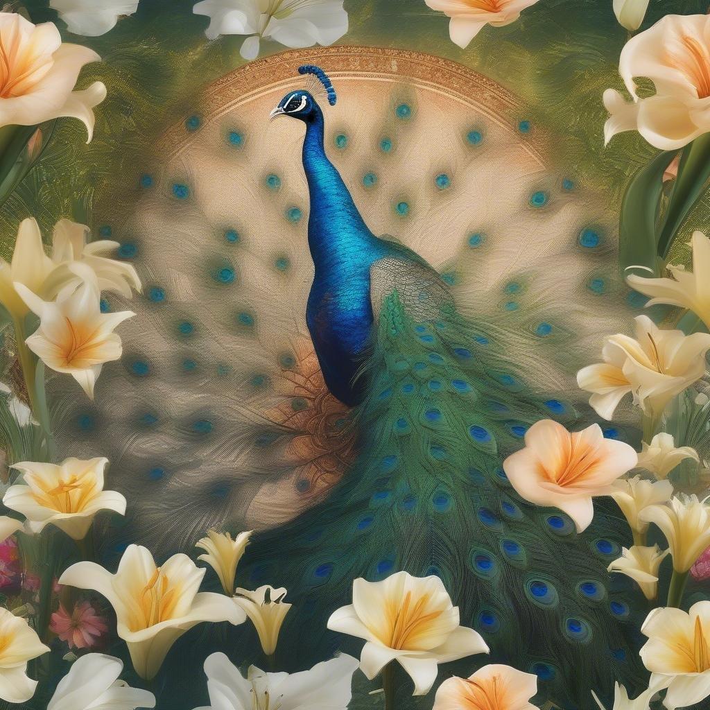 An elegant peacock perches among the blooming flowers, celebrating the beauty of spring. This vibrant wallpaper will bring a touch of nature's splendor to your desktop.