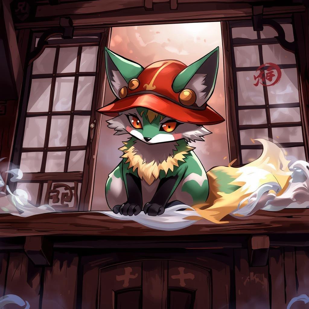 A charming scene from a fantasy world, featuring a vibrant fox spirit with striking green fur adorned with yellow and orange patterns. The fox spirit is perched on a traditional Japanese tea house windowsill, wearing a chic red hat that adds to its charm. Surrounded by the mystique of the East Asian setting, this image captures the essence of anime culture.