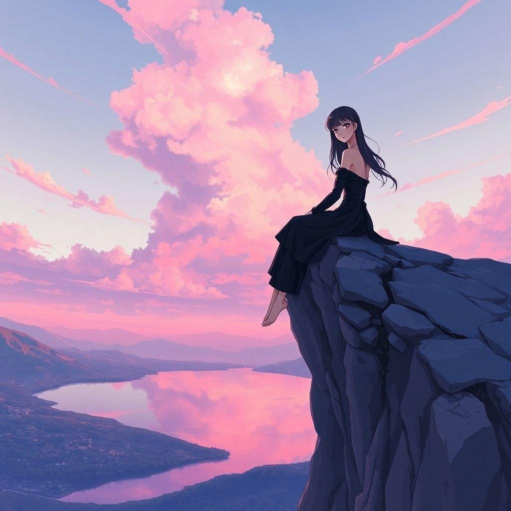 Immerse yourself in the tranquil beauty of this anime-inspired sunset scene, where a young woman in black sits on a rocky cliff, gazing at the viewer with an air of mystery.