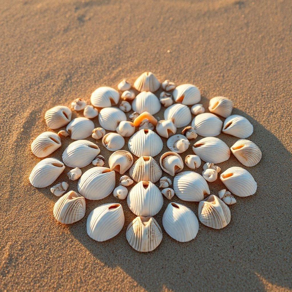 A tranquil beach scene with seashells arranged in a pattern on the sand.