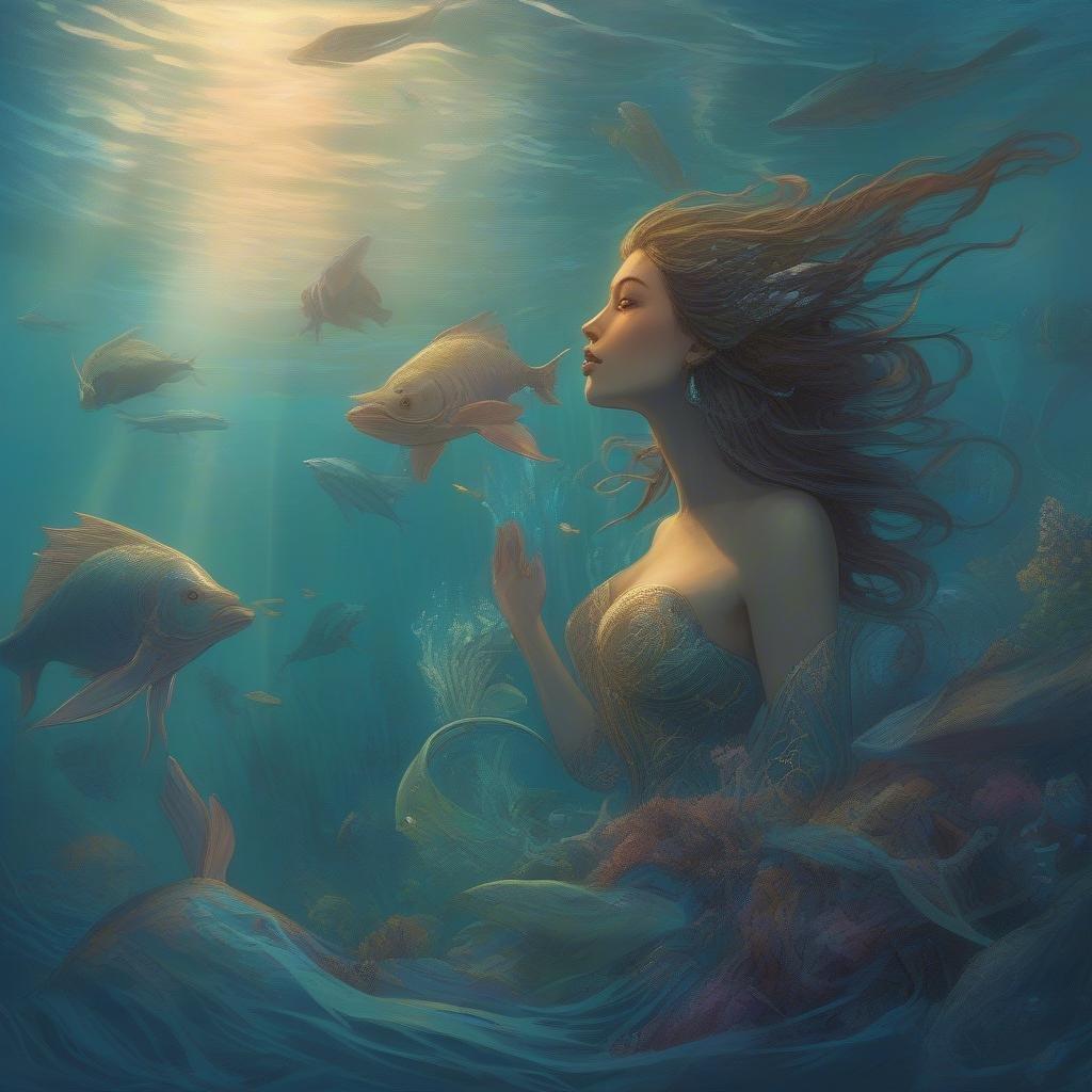 This wallpaper features a stunning mermaid in the sea, perfect for adding a touch of fantasy to your desktop or mobile device.