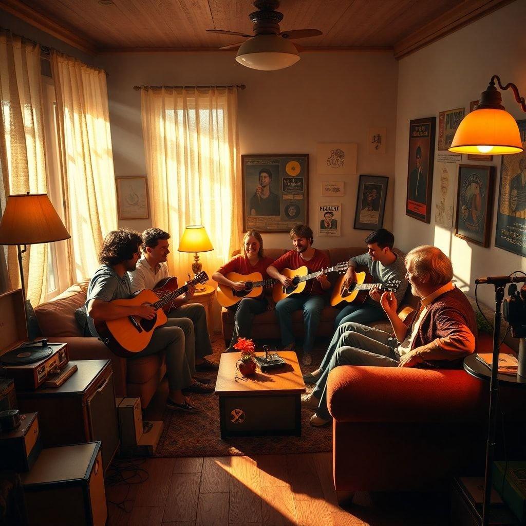 A group of friends enjoying a casual jam session on guitars in the heart of a cozy home.