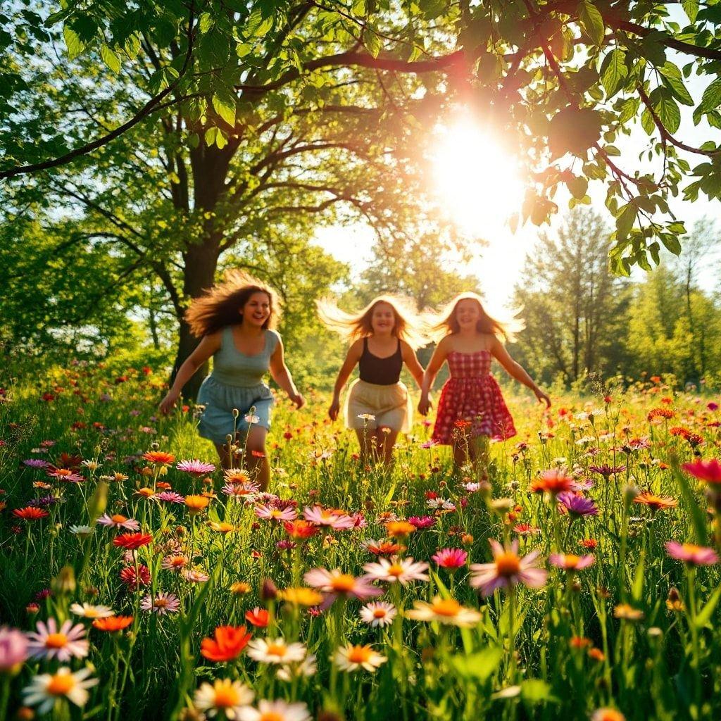 Three girls enjoying a lively run through a meadow blooming with colorful wildflowers.