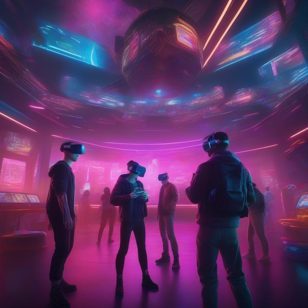 A lively group of friends, engrossed in their virtual reality experiences at a vibrant cyberpunk-themed event.