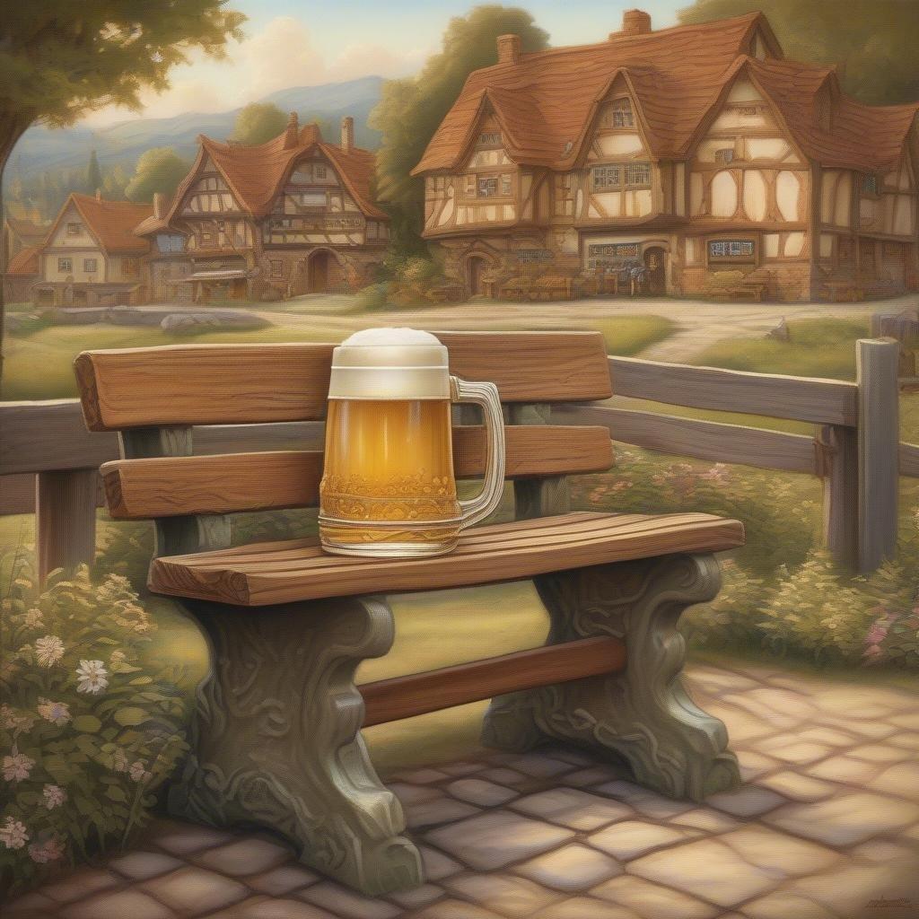 A quaint village scene with a frothy beer served on a rustic bench, celebrating the spirit of Oktoberfest.