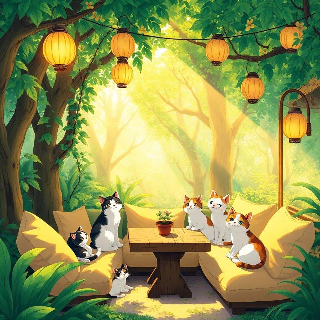 Entrez dans un monde fantaisiste de délices félins, où les chats se prélassent dans un café douillet entouré de la beauté de la nature.