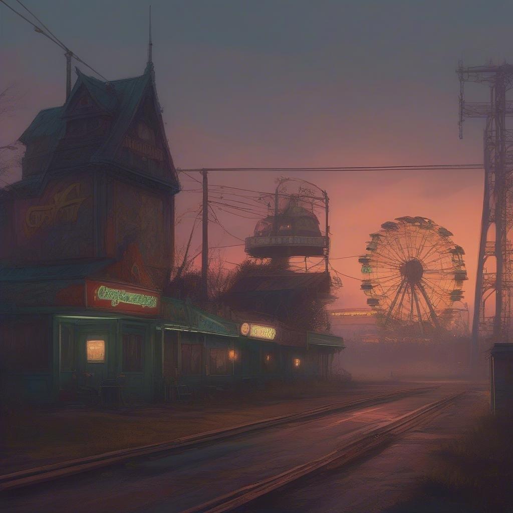 This image is a wallpaper for desktop and mobile use, and it's under the category of 'Halloween'. It depicts a spooky and eerie scene with a Ferris wheel, a building, and a road.