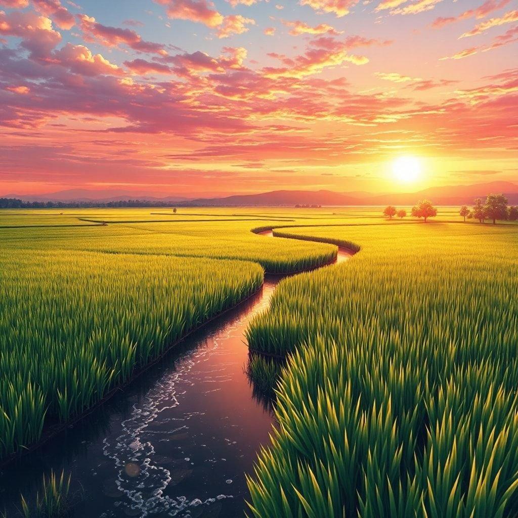 Dieses Anime-Stil-Wallpaper zeigt eine ruhige Landschaft mit einem üppigen grünen Reisfeld, einem gewundenen Fluss und einem lebhaften Sonnenuntergangshimmel. Die friedliche Szene ist in warmes Licht getaucht und fängt einen ruhigen Moment in der Natur ein.