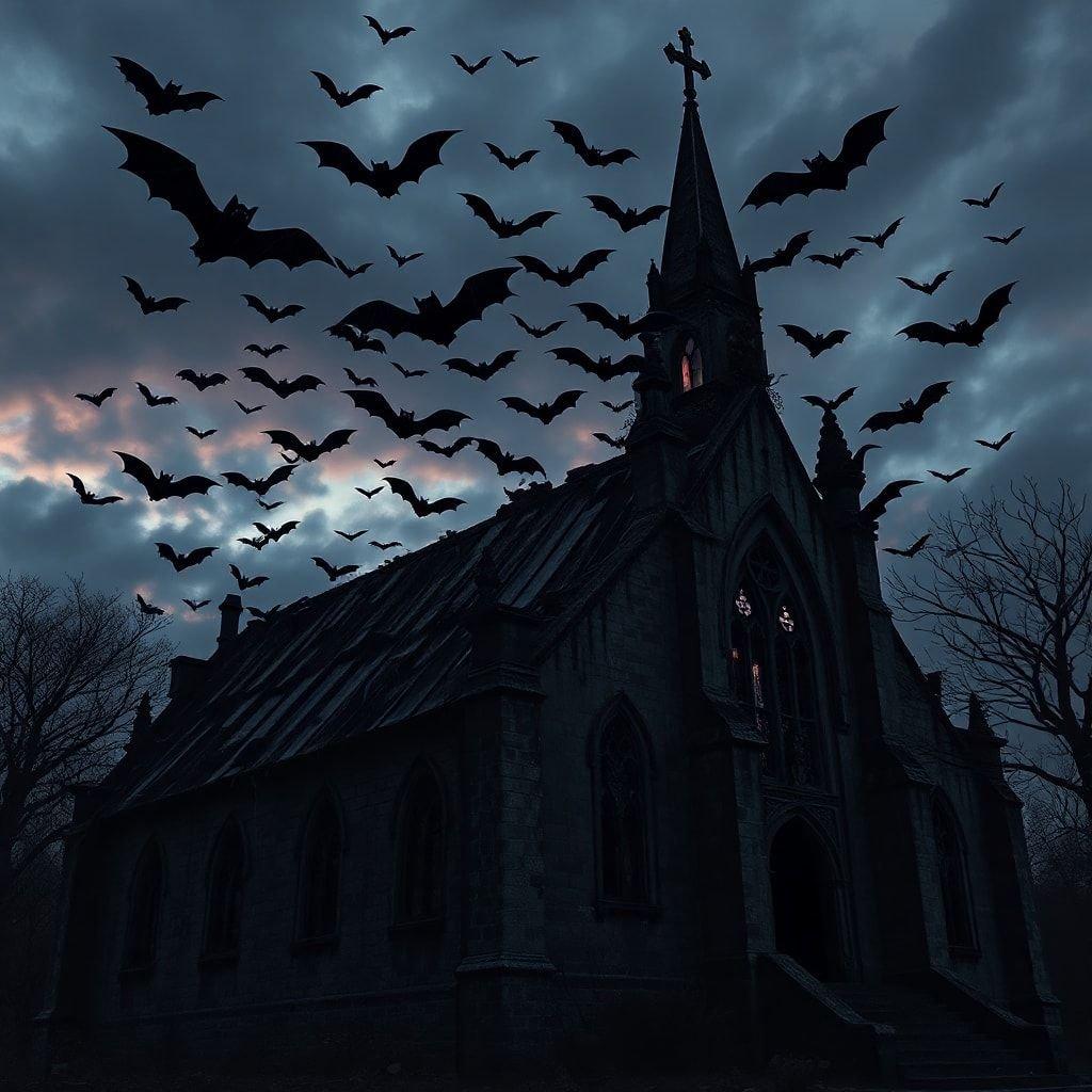 Questa inquietante carta da parati presenta una chiesa infestata con pipistrelli che volano intorno, perfetta per Halloween.