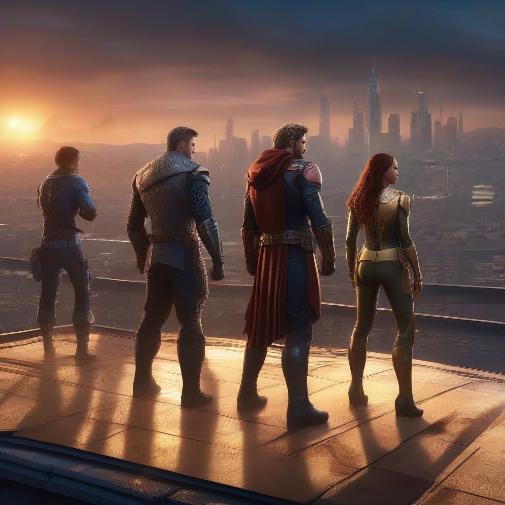 A group of Marvel heroes stands together on the rooftop, basking in the glow of a setting sun over a city skyline.