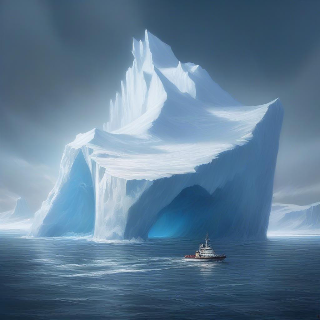 A grand iceberg, its peak towering over the surrounding water, with a ship navigating through its base. This scene captures the awe-inspiring scale and beauty of these natural wonders.