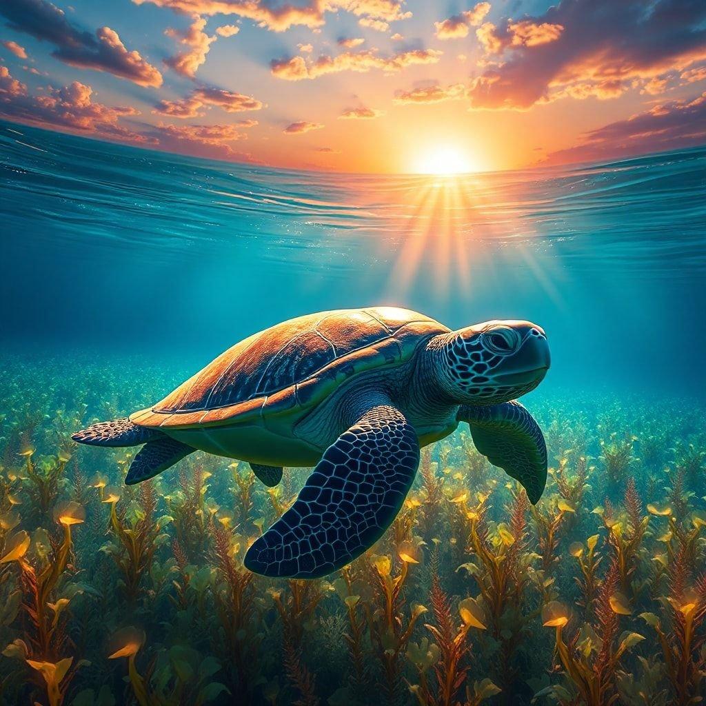 Dive into the breathtaking beauty of the underwater world with this stunning wallpaper featuring a majestic sea turtle gliding effortlessly through the crystal-clear waters, surrounded by vibrant coral reefs and schools of fish, capturing the essence of serenity and wonder.