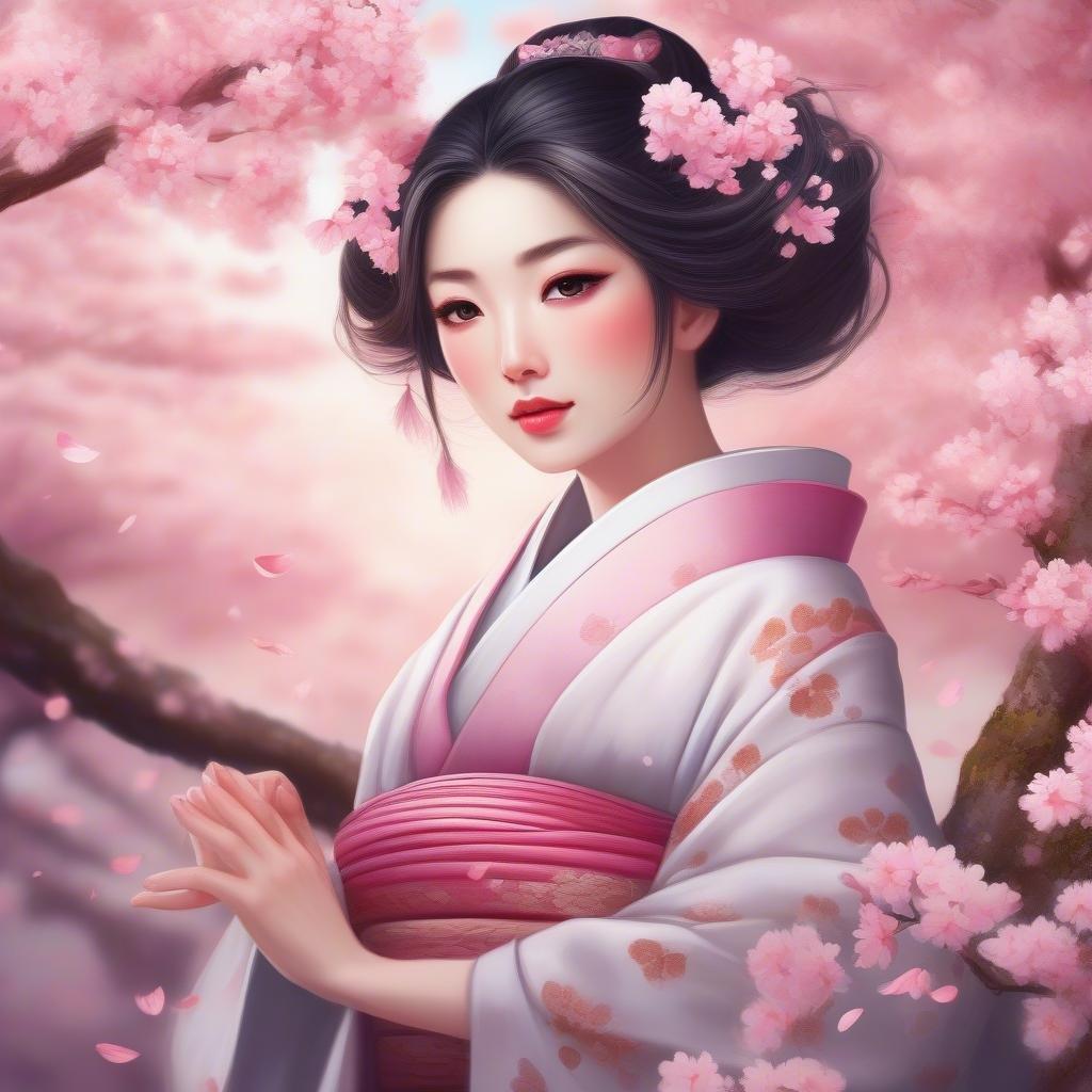 Une représentation sereine d'une geisha délicatement positionnée parmi les cerisiers en fleurs, sa robe traditionnelle contraste magnifiquement avec les vives fleurs roses et blanches. L'arrière-plan doux de pétales tourbillonnants ajoute à la tranquillité générale de la scène.