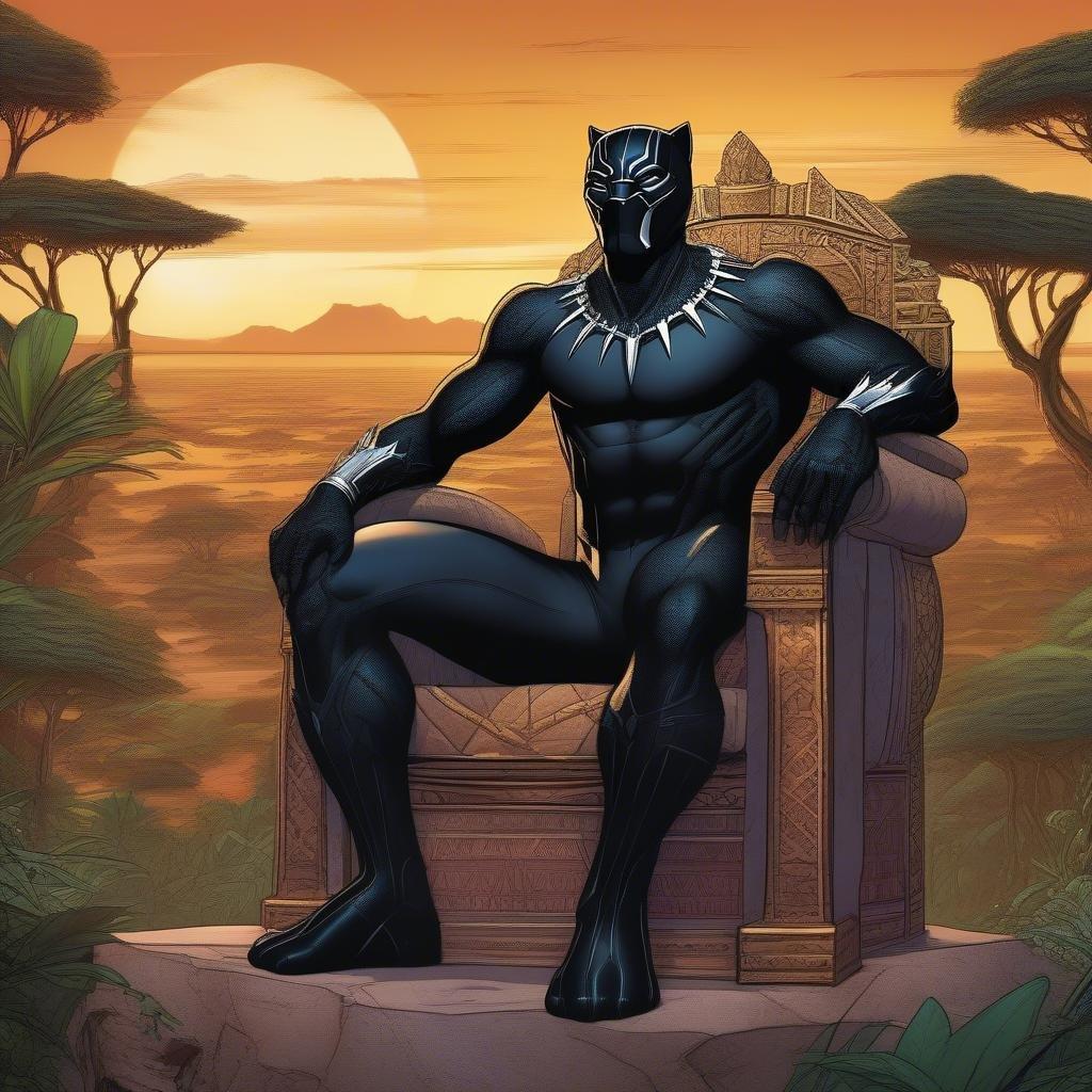 This majestic wallpaper features the Marvel Comic legend, Black Panther, seated on a throne amidst his jungle kingdom, embodying the spirit of Wakanda's power and heritage.