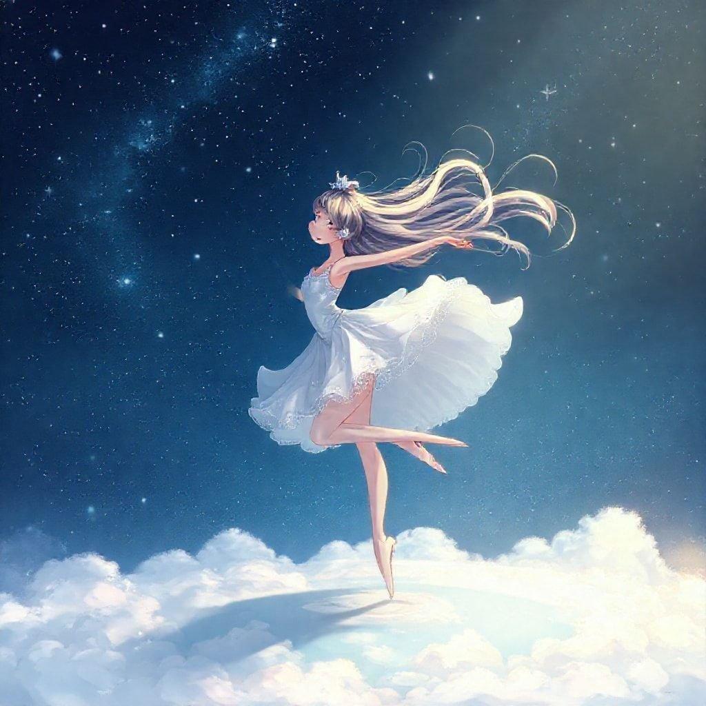 A ballerina in mid-leap, floating above the clouds, under a starry night sky. A digital art piece that captures the elegance and tranquility of dance set against a cosmic backdrop.