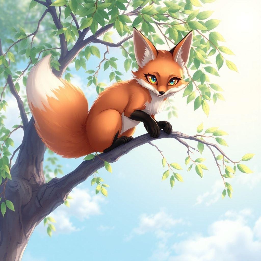 Immerse yourself in the enchanting world of anime with this captivating wallpaper featuring a fox spirit perched on a willow tree branch. The intricate details and expressive eyes of the fox, set against a soft blue sky, create a mesmerizing scene that will transport you to a realm of fantasy and wonder.