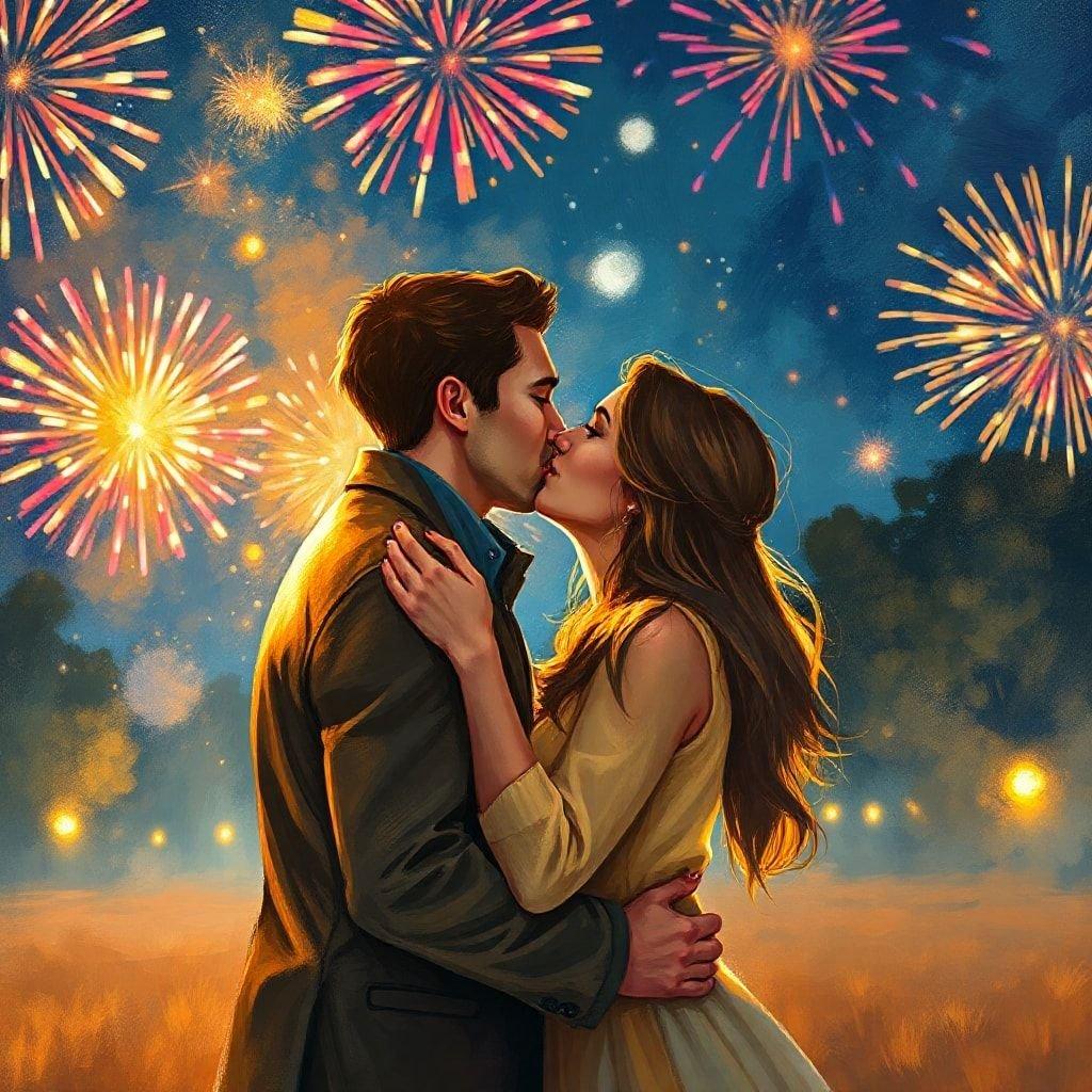 Celebrate the magic of New Year's Eve with this romantic wallpaper featuring a couple sharing a kiss amidst fireworks.