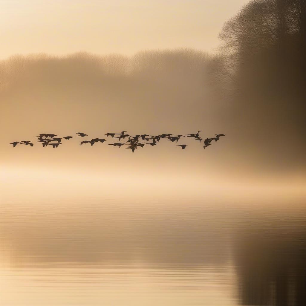 This image captures a serene moment as a flock of geese take flight at the break of dawn. The water is calm, reflecting the mist and the soft light of the rising sun. The geese fly in formation, their silhouettes stark against the golden sky, creating a beautiful sight for nature lovers.