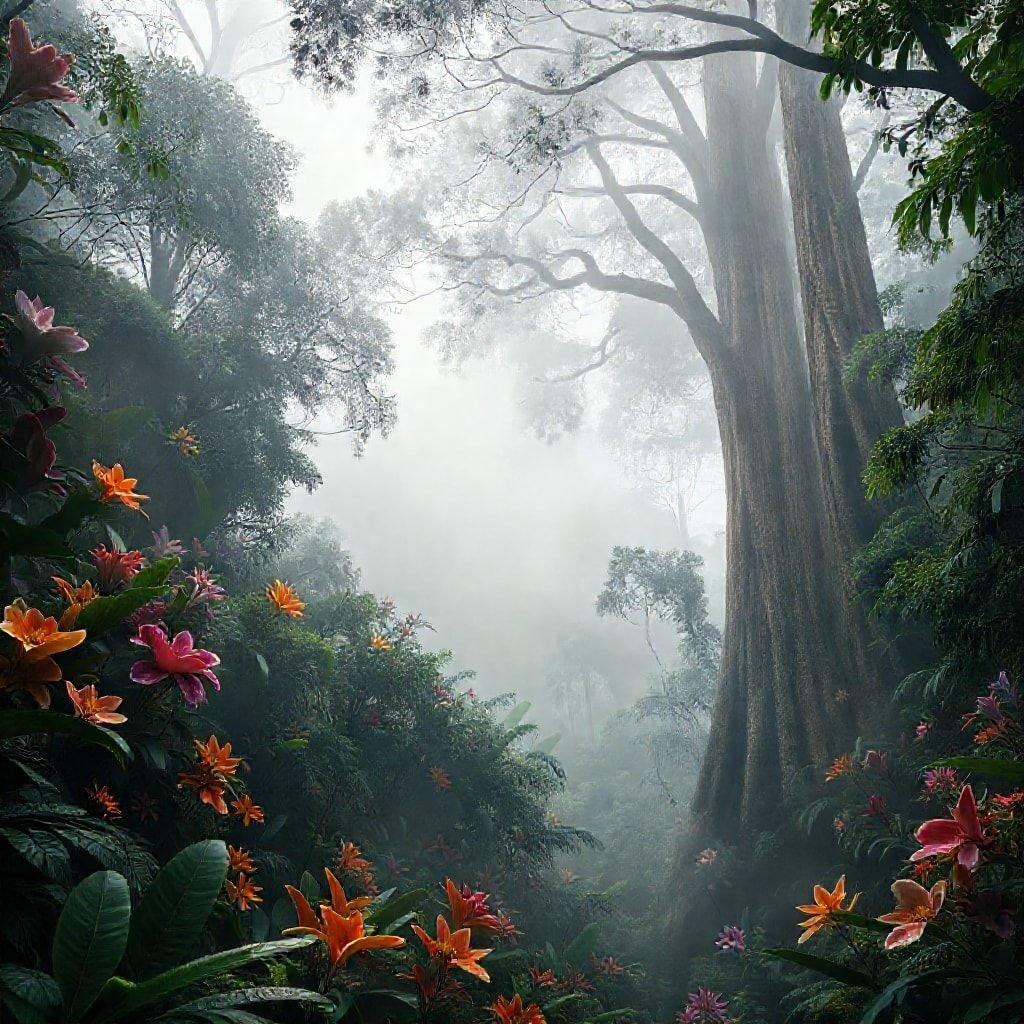 A mysterious jungle path veiled by fog, teeming with vibrant flora.