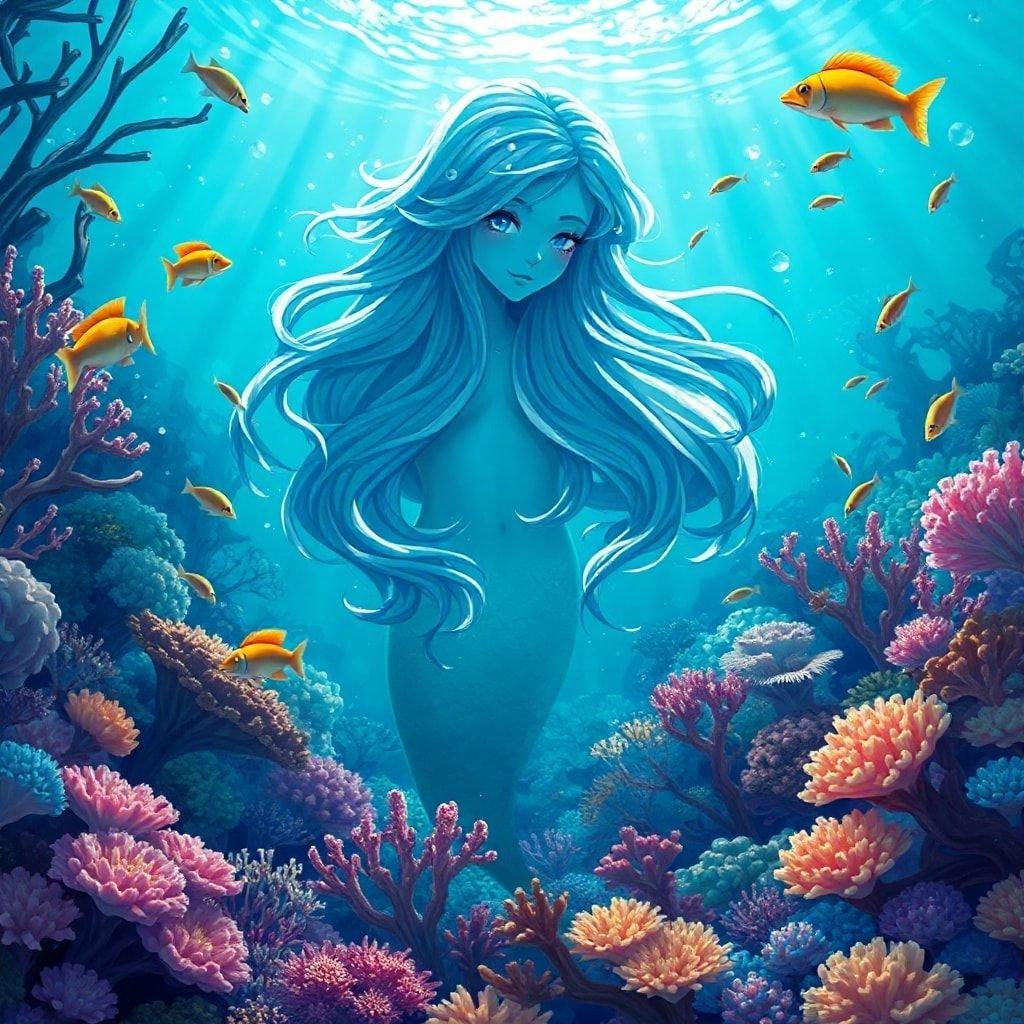 Immerse yourself in the enchanting world of anime with this captivating mermaid illustration. Her delicate features and flowing hair are beautifully contrasted against the vibrant coral reef, creating a serene and captivating scene.