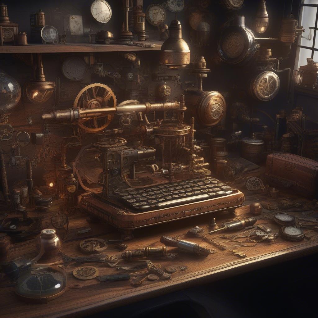 A vintage scene featuring an old-fashioned workshop with a variety of mechanical contraptions.