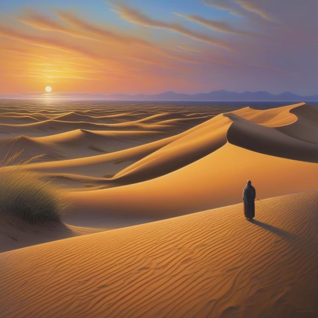 A serene and peaceful desert landscape at sunset, perfect for calming your mind and inspiring your soul.