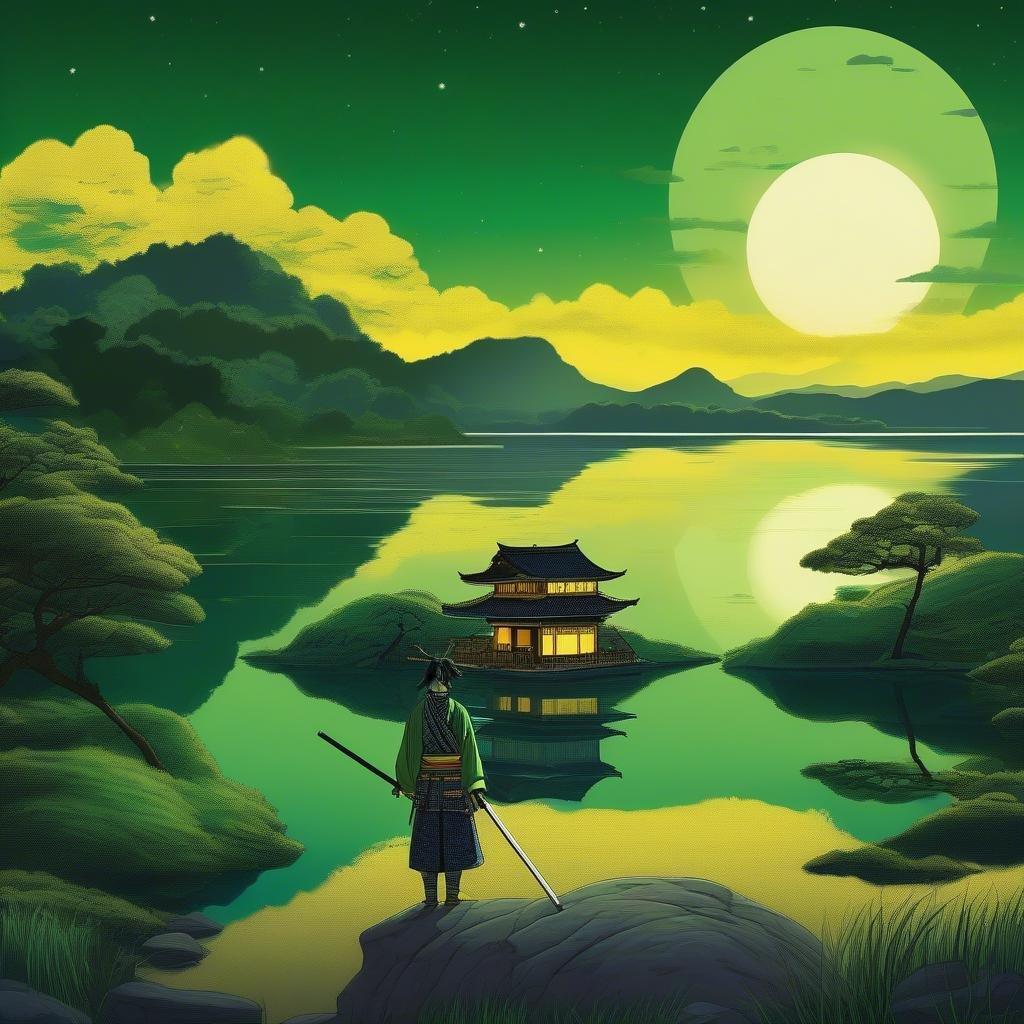 A tranquil animated digital illustration featuring a samurai by a picturesque lake under a starlit night sky.