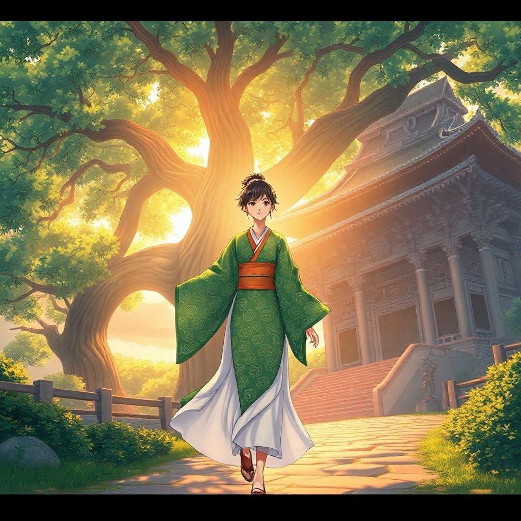 I denna fantastiska anime-stil tapet går en kvinna i traditionell japansk klädsel mot ett majestätiskt tempel. Scenen är badad i det varma ljuset från den nedgående solen, vilket förstärker tempelns storhet och skapar en lugn atmosfär.