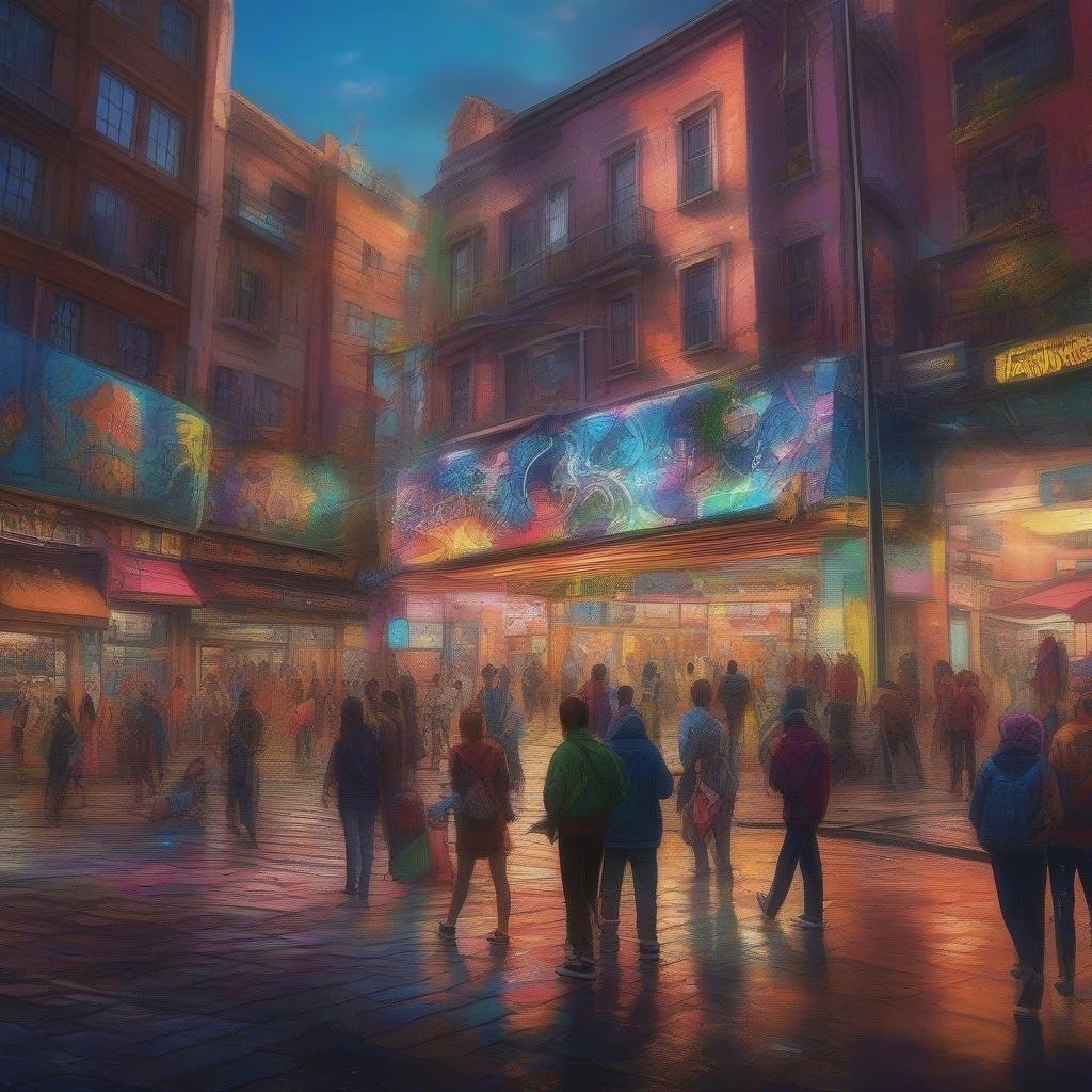 This image is a stunning depiction of a city street, showcasing the vibrant energy of urban life. The busy street is filled with people going about their daily business, while the colorful buildings and storefronts add to the lively atmosphere.