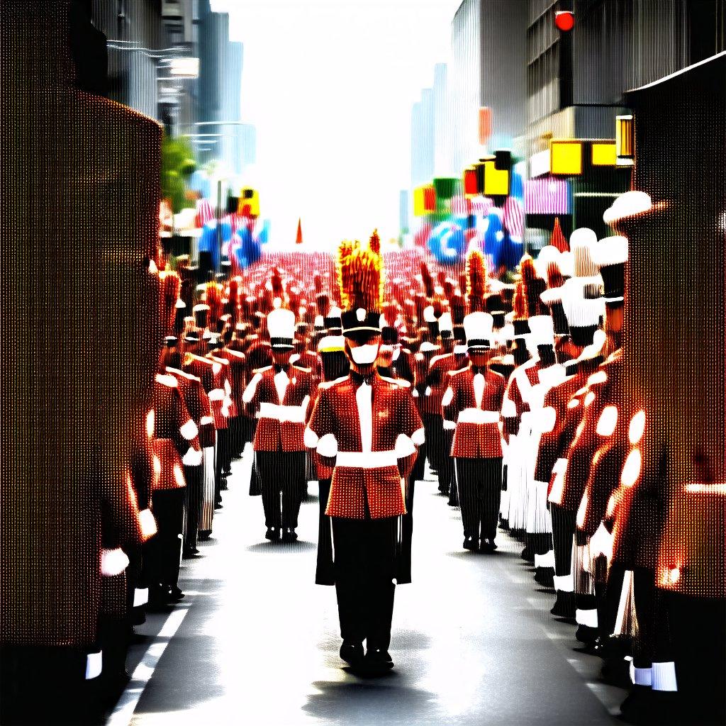 A festive scene from an Independence Day parade, showcasing the uniformed marching band as they proudly display their patriotic spirit. The band's traditional attire and formation add to the celebratory atmosphere.