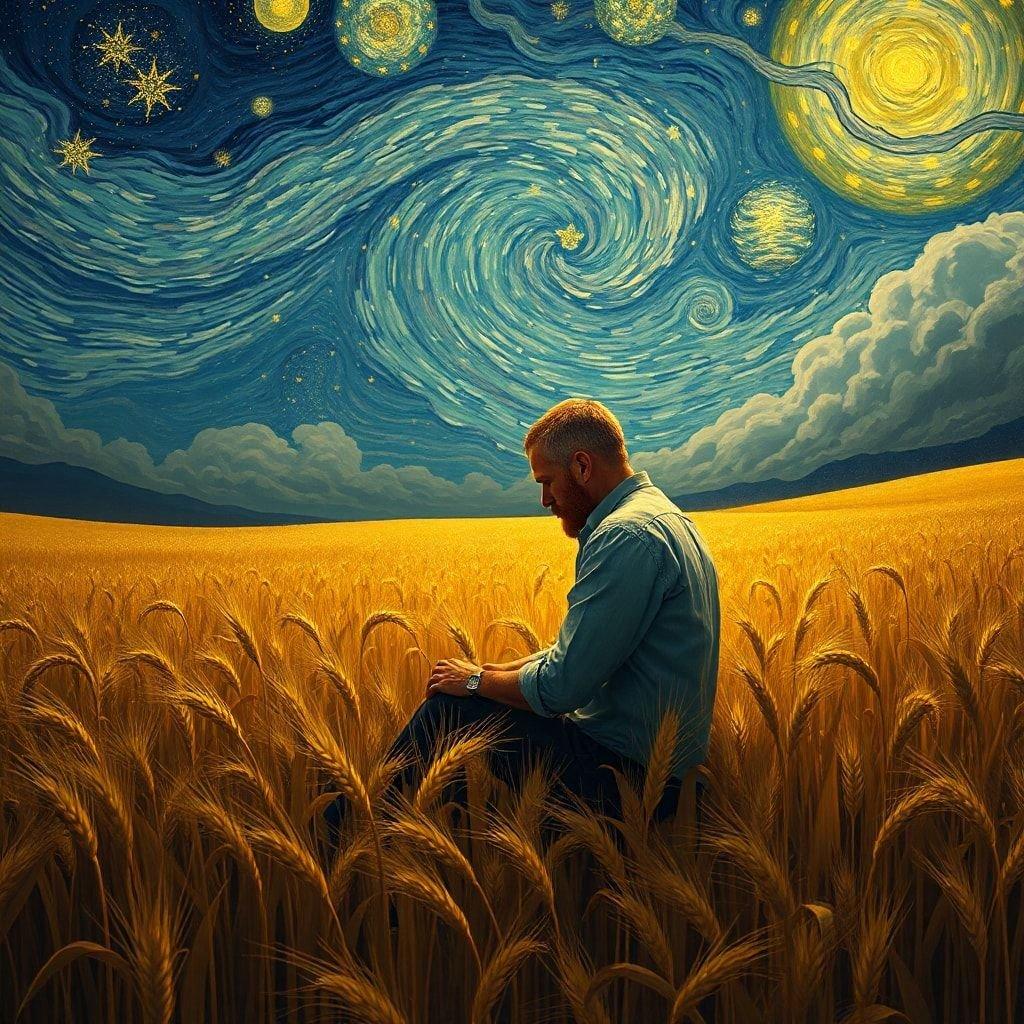 A man sitting in a wheat field under a starry night sky, inspired by Vincent van Gogh's iconic painting.