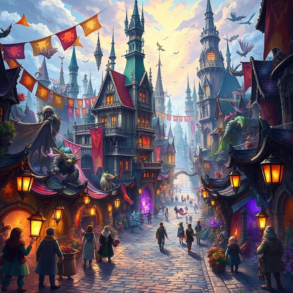 Immerse yourself in the enchanting realm of fantasy with this captivating wallpaper. The image showcases a fantastical world, complete with towering castles, majestic dragons, and mythical creatures, all set against a backdrop of vibrant colors and intricate details. Whether you're a fan of fantasy literature, games, or simply appreciate the beauty of imagination, this wallpaper is sure to transport you to a world of wonder and magic.