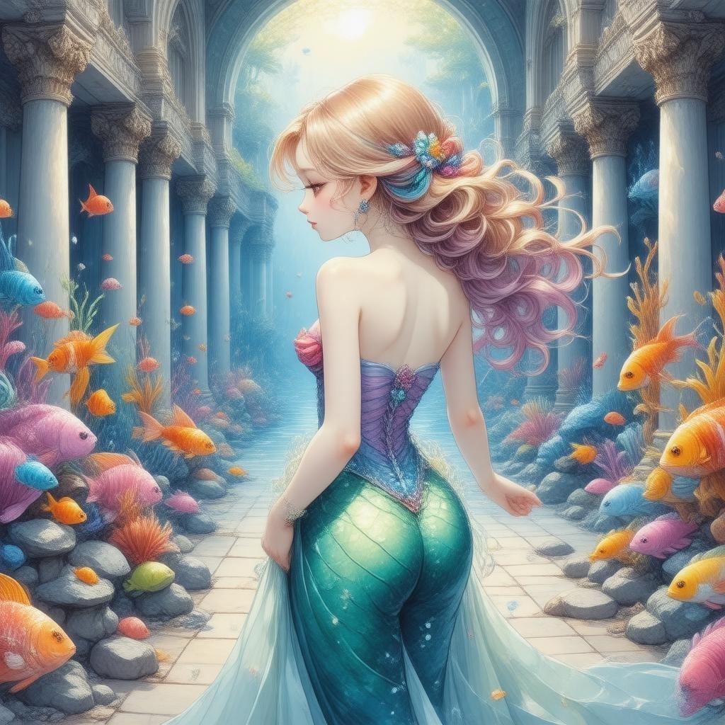 This stunning anime illustration features a gentle mermaid princess with a rainbow-colored fish-inspired hairstyle, standing in an underwater palace. The intricate details of the palace's architecture and the colorful fish create a whimsical and serene atmosphere.