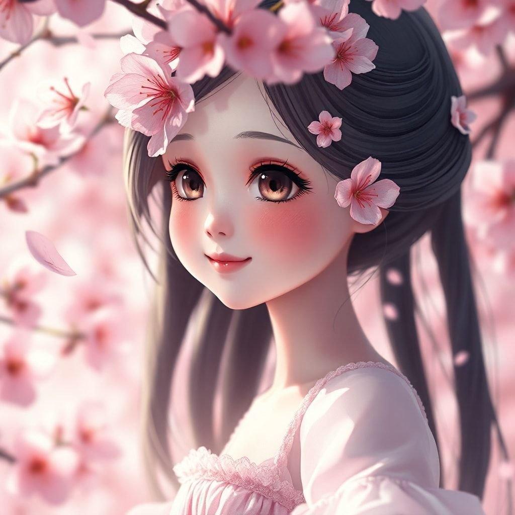 An enchanting digital artwork featuring an ethereal doll amidst a sea of blossoming cherry trees. The doll, with her soft smile and flowing hair adorned with pink cherry blossoms, exudes a serene grace in this dreamlike scene.