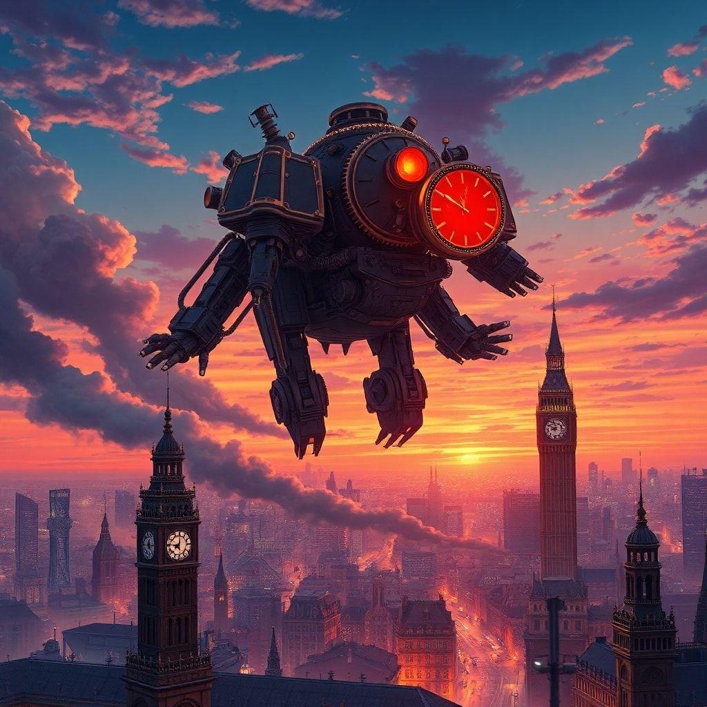 Tässä anime-inspiroituneessa kuvassa majesteettinen steampunk-mecha lentää vilkkaan kaupungin silhuetin ylle. Mecha on yksityiskohtainen monimutkaisilla mekaanisilla osilla ja hehkuvalla punaisella päällä, mikä luo mysteerin tunnelman. Kellotornit kohoavat kaupungin maiseman ylle etualalla, lisäten tämän arvoituksellisen kohtauksen tunnelmaa.