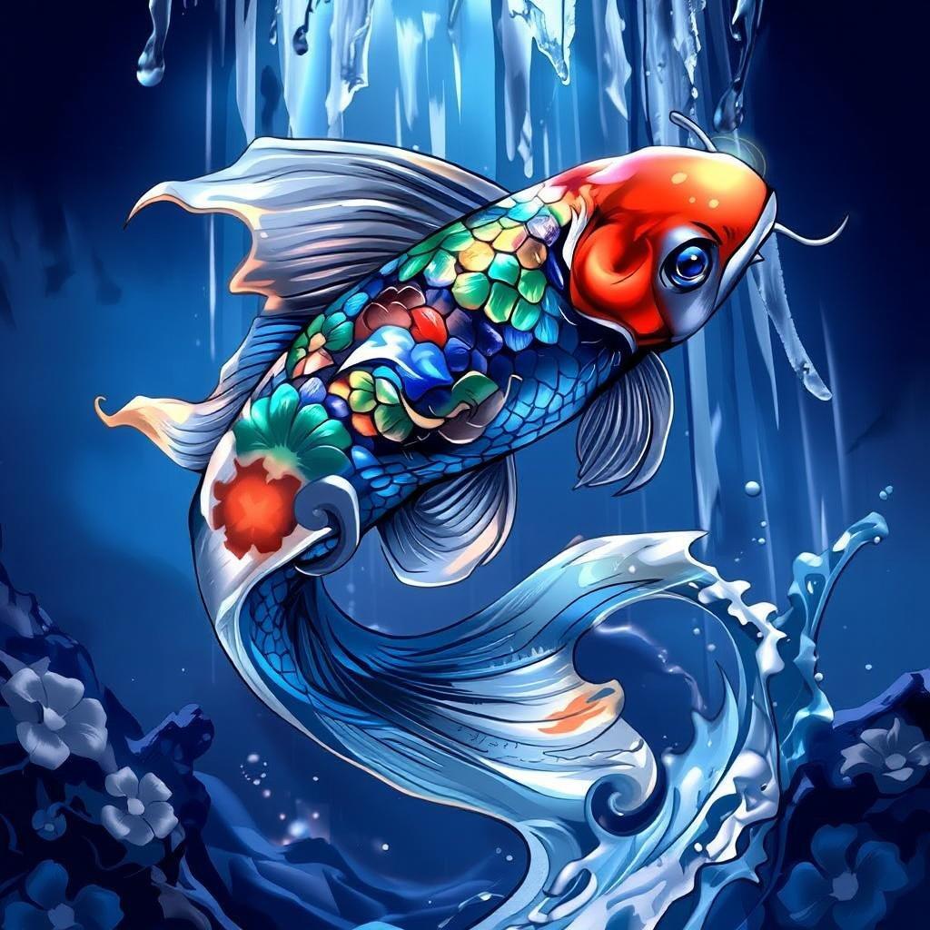 A serene digital artwork of a koi fish swimming against a beautiful backdrop of a waterfall. The vibrant colors and detailed illustration bring a sense of tranquility and beauty often associated with the Zen-inspired themes.