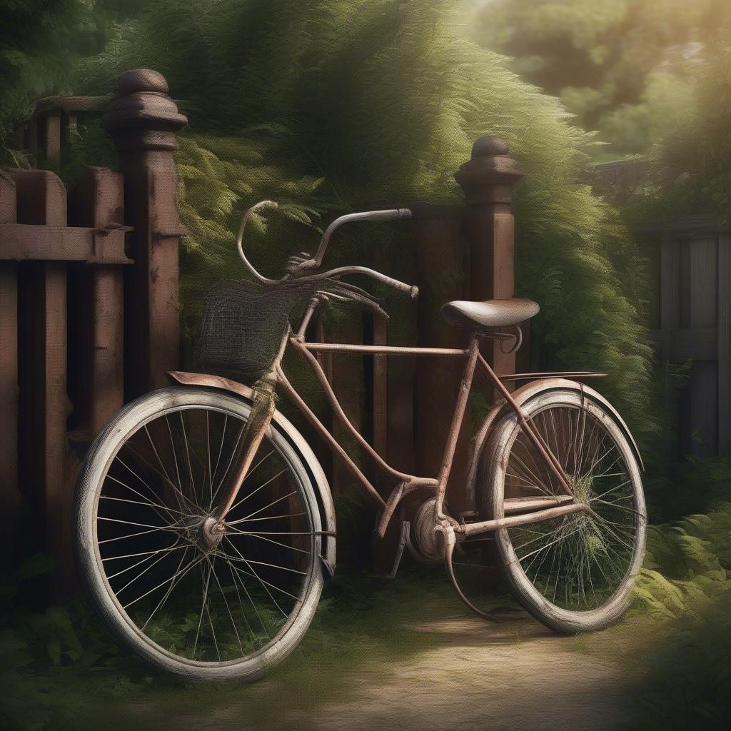 A beautiful vintage bicycle leaning against a tree in a lush green field, evoking a sense of nostalgia and simplicity.