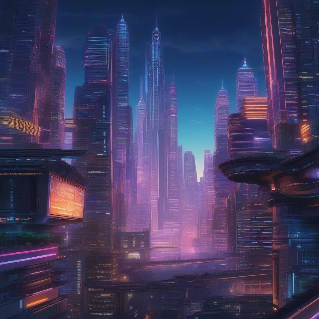 Plongez dans le monde vibrant de l'anime avec ce magnifique fond d'écran de paysage urbain futuriste.