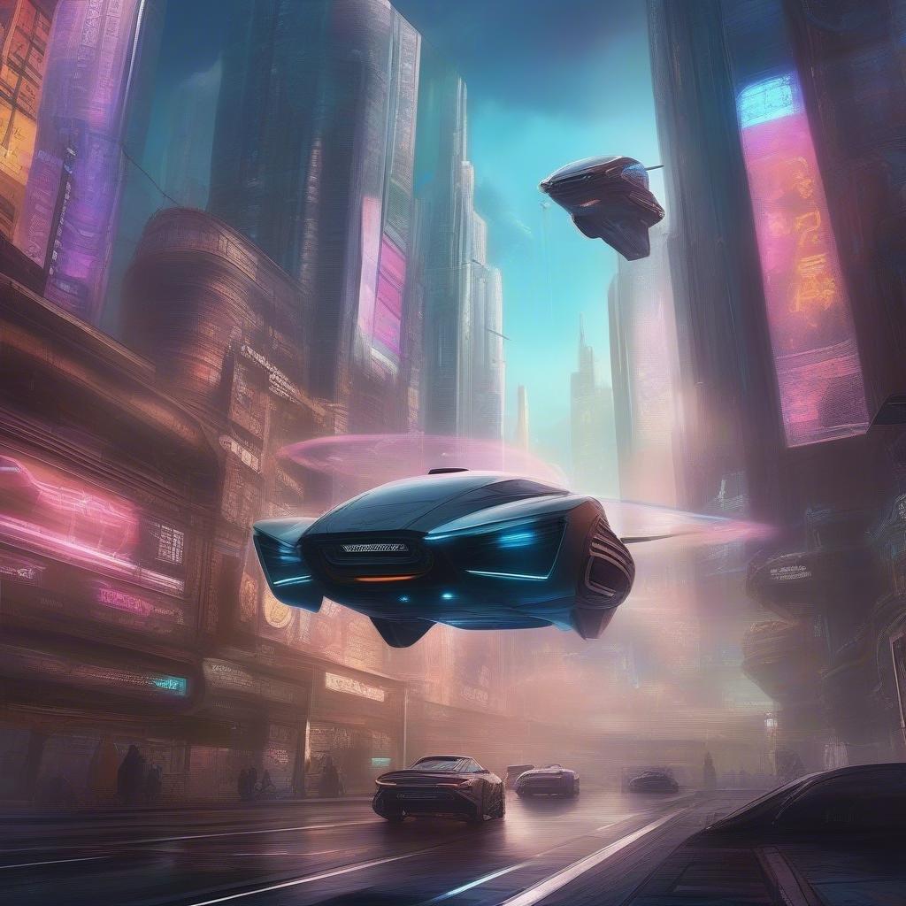 A futuristic cityscape awash with neon lights, where advanced technology is on full display in the form of flying cars, hovering ships, and towering skyscrapers. This image captures the essence of a bustling metropolis at night, where innovation and progress are the order of the day.